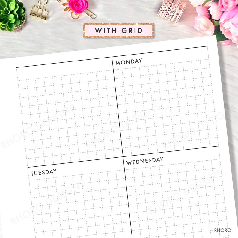 May include: A printable planner page with a grid layout. The page is divided into four sections, labeled "Monday", "Tuesday", "Wednesday", and "Thursday". The page is designed for use with a planner or journal.