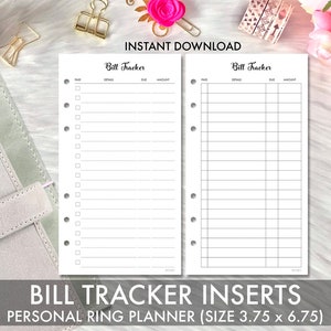 May include: Two white bill tracker inserts for a personal ring planner, with the text "Bill Tracker" at the top. The inserts have columns for "Paid", "Details", "Due", and "Amount". The bottom of the image reads "Bill Tracker Inserts Personal Ring Planner (Size 9.5 x 17.1 cm)".
