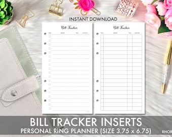 May include: Two white bill tracker inserts for a personal ring planner, with the text "Bill Tracker" at the top. The inserts have columns for "Paid", "Details", "Due", and "Amount". The bottom of the image reads "Bill Tracker Inserts Personal Ring Planner (Size 3.75 x 6.75)".