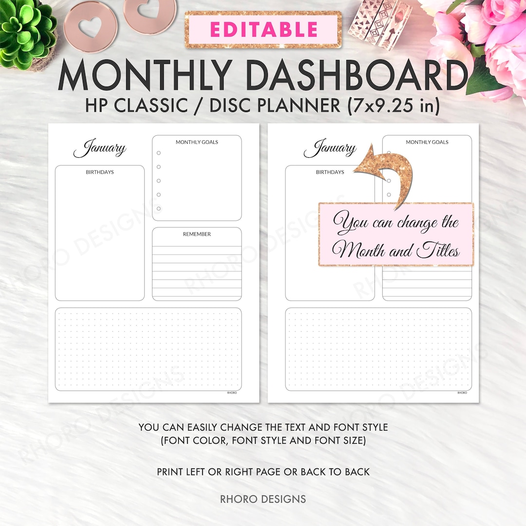EDITABLE Monthly Dashboard Layout CLASSIC Happy Planner Printable ...