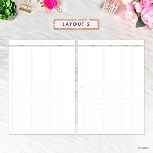 May include: A printable weekly planner with a simple layout. The planner is divided into seven columns, one for each day of the week, and has numbered rows for each hour of the day. The planner is labeled with the days of the week: Monday, Tuesday, Wednesday, Thursday, Friday, Saturday, and Sunday. The planner is titled "Layout 2".