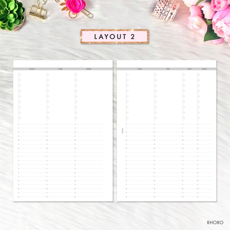 May include: A printable weekly planner with a simple layout. The planner is divided into seven columns, one for each day of the week, and has numbered rows for each hour of the day. The planner is labeled with the days of the week: Monday, Tuesday, Wednesday, Thursday, Friday, Saturday, and Sunday. The planner is titled "Layout 2".