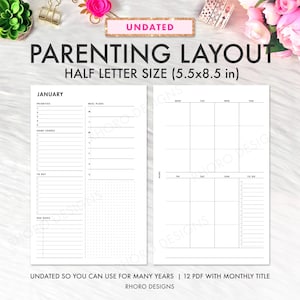 May include: A white undated parenting layout planner with the text "PARENTING LAYOUT" and "HALF LETTER SIZE (5.5x8.5 in)". The planner includes sections for priorities, meal plans, home chores, to-buy lists, and due dates. The planner is designed to be used for many years.