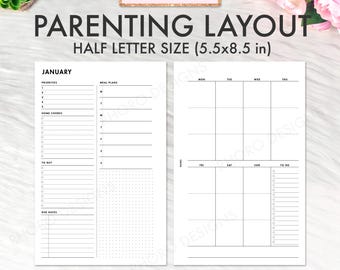 Half Letter Planner Inserts Printable, Weekly Parenting Layout Week On Two Pages WO2P Half Letter Planner Insert Weekly Undated PDF Download