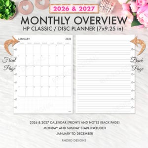 May include: A white planner with a monthly overview for 2026 and 2027, measuring approximately 17.8 x 23.5 cm. The front page shows a January calendar, and the back page is lined for notes. Text includes "HP Classic / Disc Planner" and "January to December."