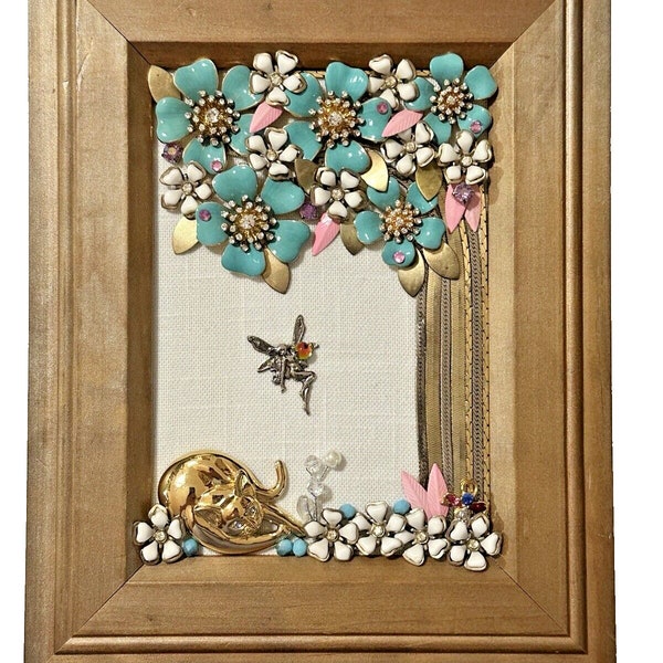 Vintage Jewelry Art FLOWERING TREE w/ CAT Wood Frame ooak 9 1/2" x 7 1/2"