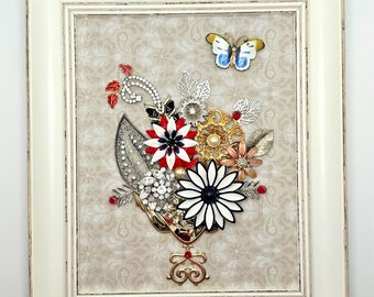 Vintage Jewelry Art FLOWERS in Weathered White Frame OOAK 10 3/4"x 12 3/4"