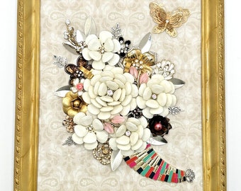 Vintage Jewelry Art FLOWERS BOUQUET in Gold Tone Slag Frame OOAK 11 3/4"x 9 3/4"