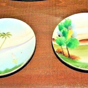 2 Japanese Wall Plates 4&quot; Vintage &#39;Hand Painted JAPAN&#39; mounting ready Tropical Scene Native Farms Wall Decor