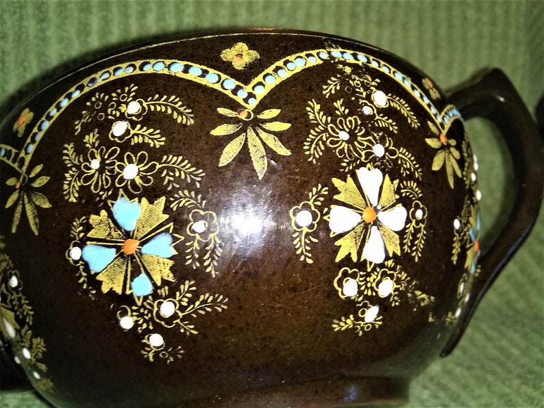 Vintage Brown Betty Teapot Made in England Redware Teapot hand painted colorful floral pattern with gold trim