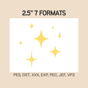 Puede incluir: Un diseño digital con estrellas amarillas de diferentes tamaños. El texto "2.5" 7 FORMATS" está en la parte superior, y los formatos de archivo PES, DST, XXX, EXP, PEC, JEF y VP3 se enumeran debajo.