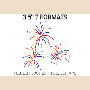 May include: An illustration of three fireworks in red, white, and blue. The text "3.5" 7 FORMATS" is at the top, and the file formats PES, DST, XXX, EXP, PEC, JEF, and VP3 are listed below. The fireworks are approximately 3.5 inches in size.