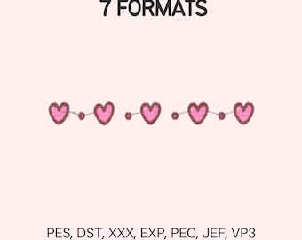May include: A pink background with the text "7 FORMATS" at the top. Below, a string of five pink hearts connected by small dots. The bottom of the image lists embroidery file formats: PES, DST, XXX, EXP, PEC, JEF, VP3.