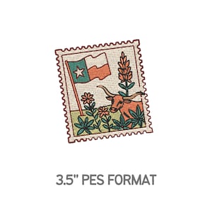 May include: Embroidered patch in a postage stamp design featuring the Texas flag, a longhorn, and wildflowers. The patch is approximately 8.9 cm in size. The text "3.5" PES FORMAT" is at the bottom.