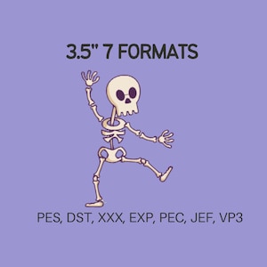 Op de afbeelding: Een cartoon skelet danst op een lila achtergrond, met de tekst "3.5" 7 FORMATS" erboven. Het skelet is gebroken wit. Onder het skelet staan de letters: PES, DST, XXX, EXP, PEC, JEF, VP3. Het skelet is ongeveer 8,9 cm hoog.