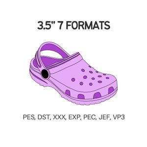 May include: A light purple clog shoe with a pivoting heel strap. The shoe is 3.5 inches long and has several round holes on the top. The text "3.5" 7 FORMATS" is above the shoe, and "PES, DST, XXX, EXP, PEC, JEF, VP3" is below.