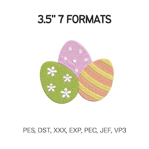 Può includere: Tre uova di Pasqua ricamate in verde, rosa e arancione. L'uovo verde ha dettagli di fiori bianchi, l'uovo rosa ha pois bianchi e l'uovo arancione ha strisce gialle. Il testo recita "3.5" 7 FORMATS" ed elenca i formati dei file di ricamo.