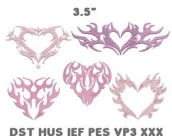May include: Five light pink embroidered heart designs with tribal flame-like patterns. The text 3.5" appears at the top, and the text DST HUS JEF PES VP3 XXX is at the bottom. Each heart features distinct, sharp, and curved decorative edges.