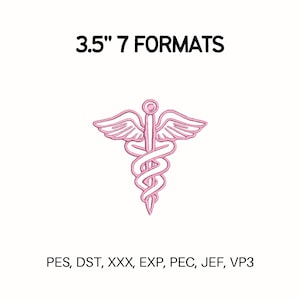May include: A pink Caduceus symbol, 3.5 inches in height, with wings and a staff intertwined with two snakes. The text "3.5" 7 FORMATS" is above the symbol. Below the symbol are the file formats: PES, DST, XXX, EXP, PEC, JEF, VP3.