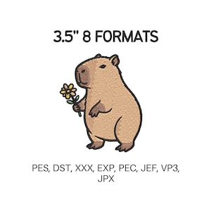 May include: Embroidered patch featuring a capybara holding a flower. The patch is approximately 3.5 inches in size and includes multiple embroidery formats. The capybara is light brown with a yellow and green flower.