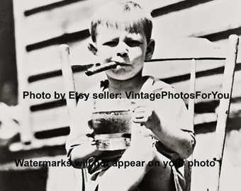 Vintage Old Antique Weird Strange Odd Funny Hilarious Kid Boy Cigar Beer Wall Art Photo Decor
