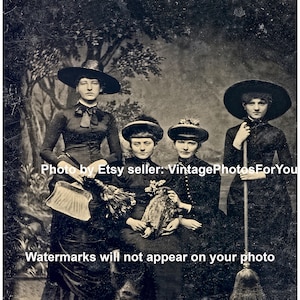 Vintage Old 1890s Women Witches Costume Creepy Weird Strange Stuffed Bird Photo Wall Art Picture Photo