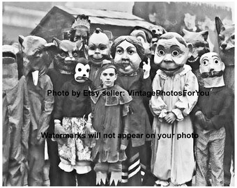 Old Vintage Odd Weird Spooky Creepy Strange Costumes Masks Faces Around Kid Photo Picture Wall Art Photographs