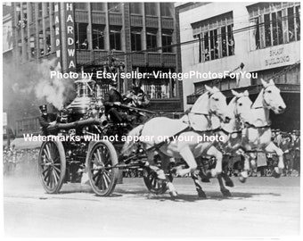 Old Antique Vintage 1900-1920 Fireman Firefighter Horse Drawn Fire Engine Firefighter Gift For Him Photo Picture Wall Art Firefighter Decor