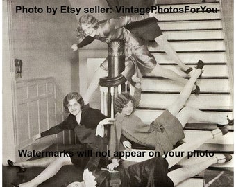 Vintage Old Funny Odd Weird Strange Funny Humorous Hilarious Girls Women Fun Stairs 1920's Photo Picture Wall Art Decoration