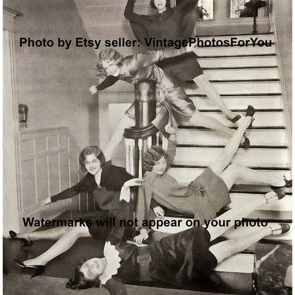 Vintage Old Funny Odd Weird Strange Funny Humorous Hilarious Girls Women Fun Stairs 1920's Photo Picture Wall Art Decoration