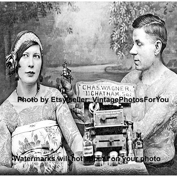 Old 1900's Charlie Wagner Tattoo Artist Tattooing Woman Tattoo Parlor/Shop Wall Art Photo Decor Picture