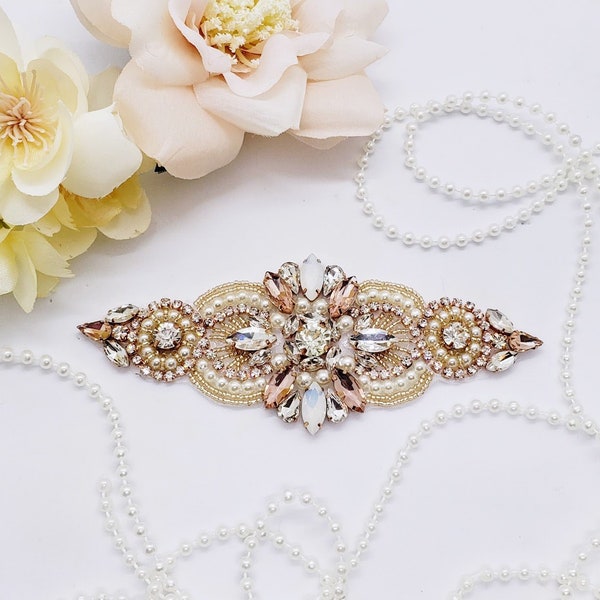 Blush Wedding Applique; DIY Bridal Belt; DIY Rhinestone Headband; Opal Applique; Bridal Applique; Opal Patch; Rose Gold Applique; 1005