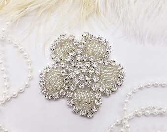 Silver Rhinestone Flower Applique: Beaded Patch (2 inches)