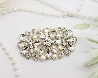 Rhinestone Applique with Pearls, Silver Floral Embellishment (2x1.25")