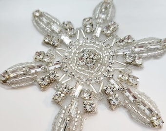 Rhinestone Snowflake Applique: Beaded Silver Patch (3 Inches)