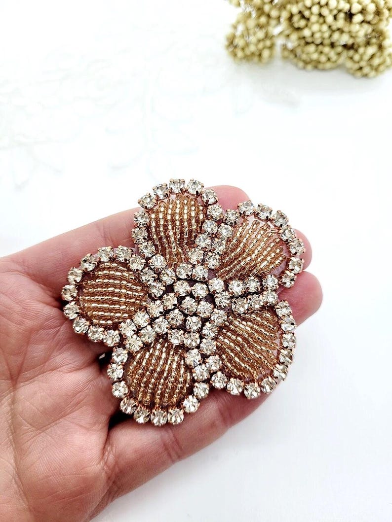 Rose Gold Rhinestone Flower Applique, Beaded Patch (2-inch) image 2