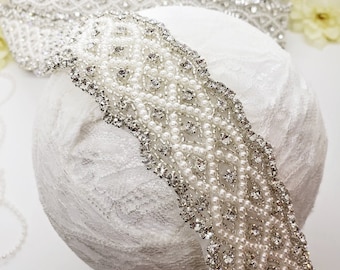 Wide Braided Pearl Rhinestone Trim: Bridal Wedding Dress Embellishment