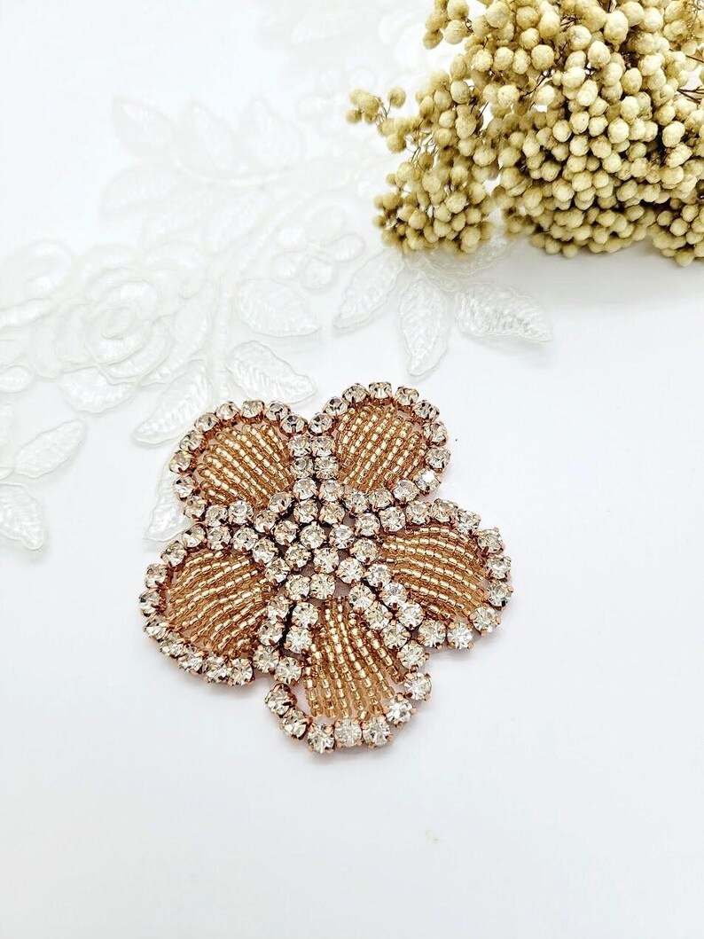 Rose Gold Rhinestone Flower Applique, Beaded Patch (2-inch) image 4