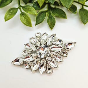 May include: A sparkling, clear crystal embellishment with a floral design. The central crystal is surrounded by numerous smaller, pointed crystals, all set on a white mesh backing. Green leaves are in the background.