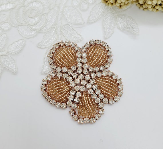 Rose Gold Rhinestone Flower Applique, Beaded Patch (2-inch)