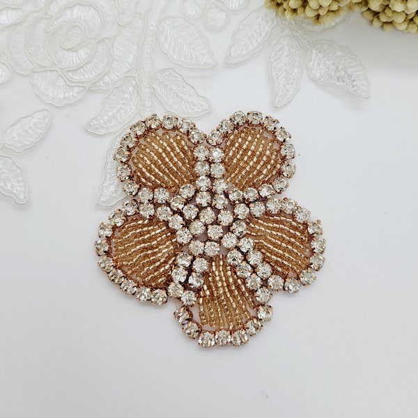 Rose Gold Flower Applique; Beaded Flower Applique; Hat Making; Dress Making; Beaded Patch; Rhinestone Patch; Rhinestone Flower Patch;