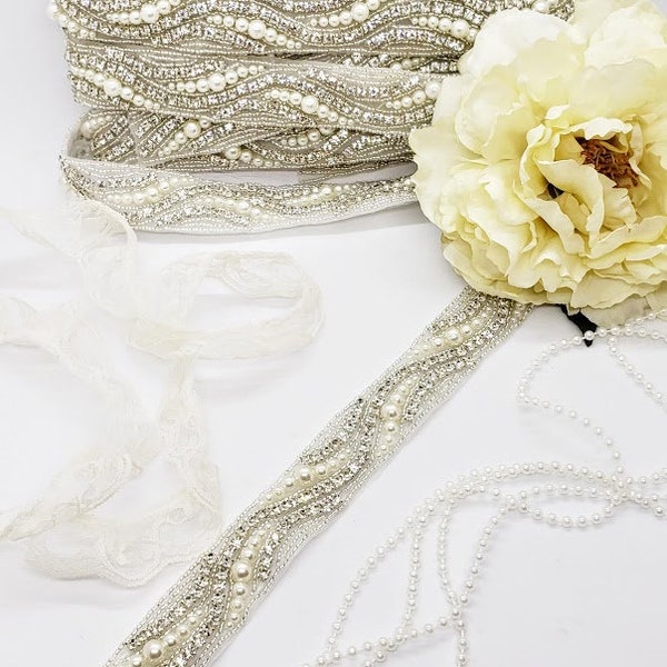 Pearl Rhinestone Trim; Pearl Beaded Trim; Wedding Dress Trim; Bride; Wedding Dress Straps; Wedding Dress; Pearl Trim; Rhinestone Trim; 1035