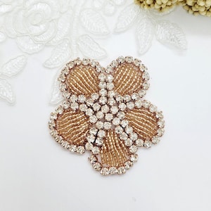 Rose Gold Rhinestone Flower Applique, Beaded Patch (2-inch) image 1