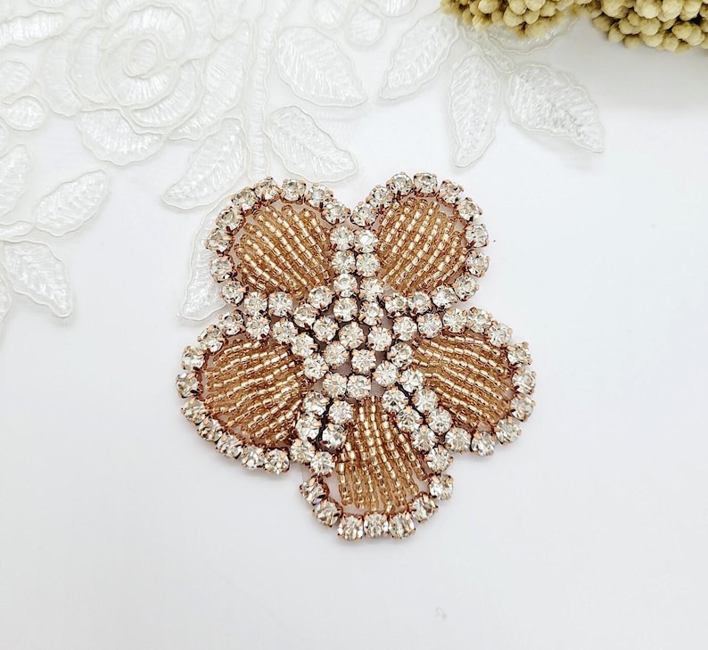 Rose Gold Rhinestone Flower Applique, Beaded Patch (2-inch) image 1