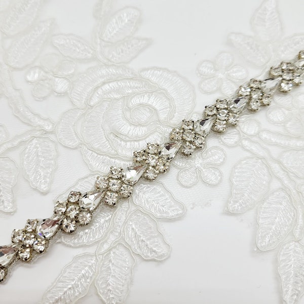 Skinny Rhinestone Applique Trim; Skinny Iron on Trim; Rhinestone Trim; Pear Rhinestone Trim; Wedding Dress Trim; Wedding Dress Straps