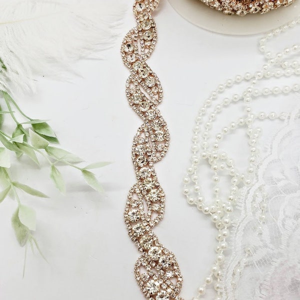 Twisted Rose Gold Trim; Rose Gold Rhinestone Trim; Trim by the Yard; Trim for Wedding; Bridal Trim; Rose Gold Belt; Dress Straps; 1055