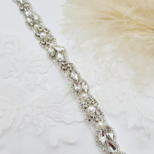 Thin Rhinestone and Pearl Beaded Trim; Bridal Trim; Wedding Trim; DIY; Iron on Trim; Beaded Trims; Trim for Wedding; Rhinestone Trim