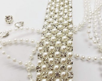 Wide Pearl Rhinestone Trim: Bridal Wedding Dress Embellishment