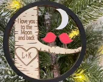 LOVEBIRDS to the Moon and Back VALENTINE'S Ornament- Personalized romantic couple engagement girlfriend spouse wedding keepsake wife