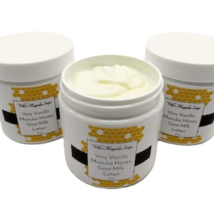 Very Vanilla Goat Milk and Manuka Honey Lotion - Hand and Body Lotion- Nourishing Lotion - Bee Pollen - Silk - Jojoba - Hemp - Argan